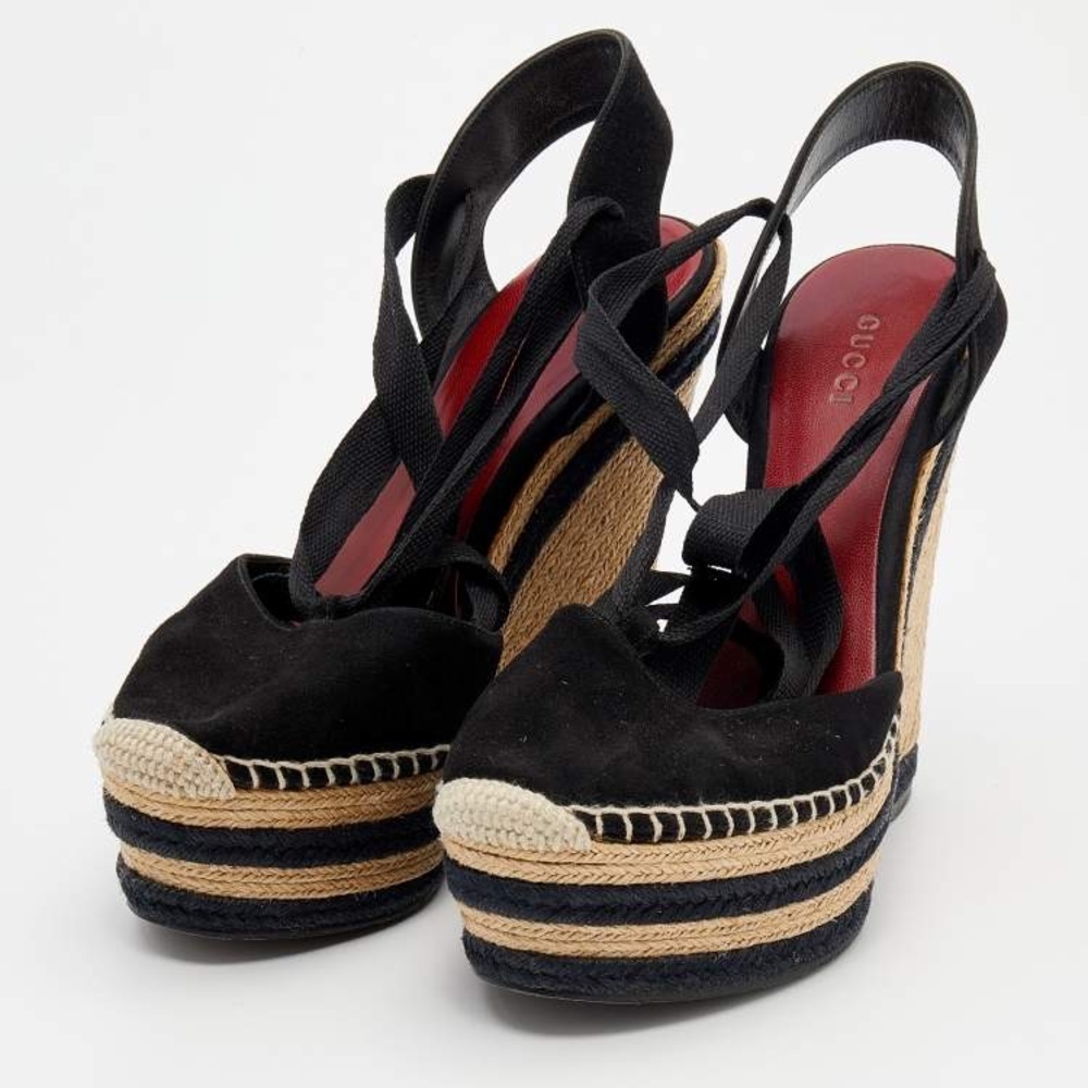 AUTHENTIC GUCCI BLACK SUEDE WEDGES - Picture 2 of 7